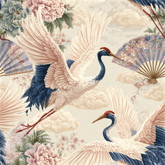 Naklejka premium Elegant crane bird seamless pattern with floral peony and decorative fan, soft pastel colors create serene atmosphere