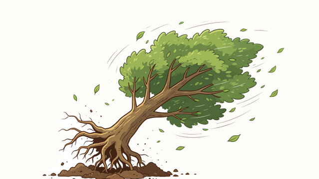 Cartoon illustration of a large tree being uprooted by strong wind, leaves flying in the air.