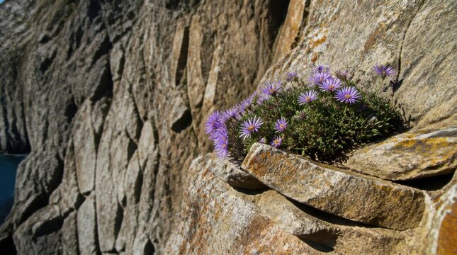 Sea aster plants clinging to precarious ledges on rocky cliffs, high-fidelity v2-6x resolution