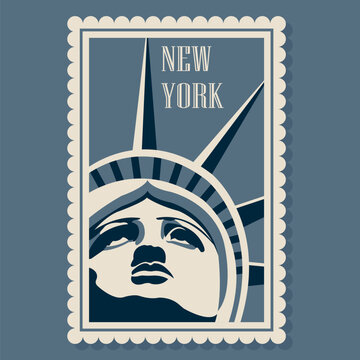 Vintage New York Statue of Liberty Face Postage Stamp Vector Illustration
