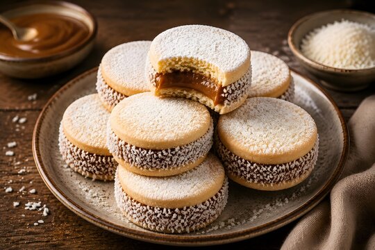 Traditional alfajores cookies with dulce de leche filling, cornstarch shortbread biscuits with coconut, rustic South American dessert