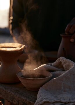 Person's hand holding a clay pot and a small bowl on a wooden table. the pot is brown in color and appears to be made of clay. the bowl is empty and is placed next to the pot.