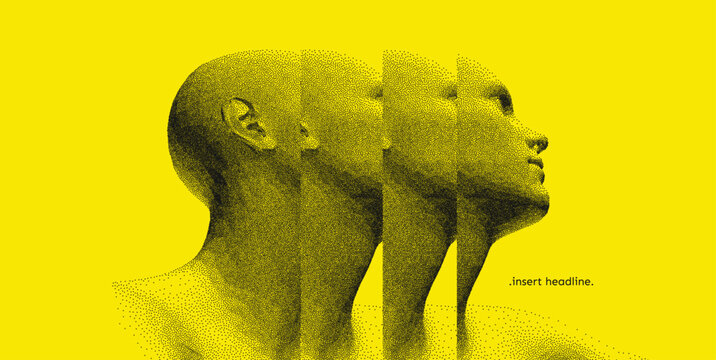 A face composed of displaced fragments. Abstract human head in profile. Psychology. Concept of psychological and mental health issues. 3D vector illustration for a presentation, cover, or brochure.