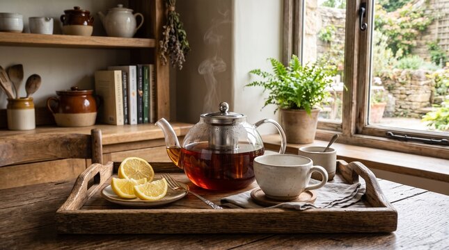 Charming tea set with vibrant lemons in a warm rustic kitchen
