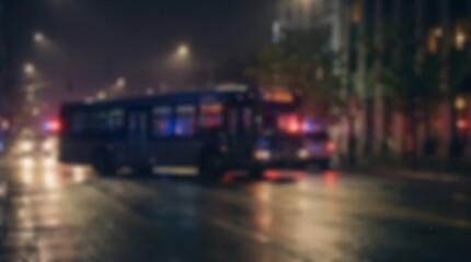 Obraz premium Public bus driving through a city street at night with motion blur. The urban road is illuminated by street lights and vehicle headlights in a soft focus atmosphere.