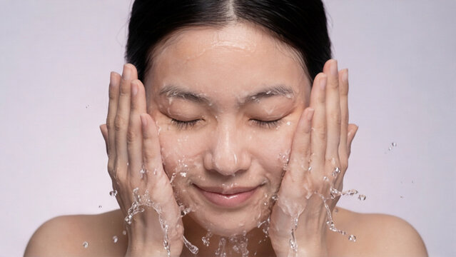 Young Asian woman washing face with water for daily skincare and facial hygiene routine