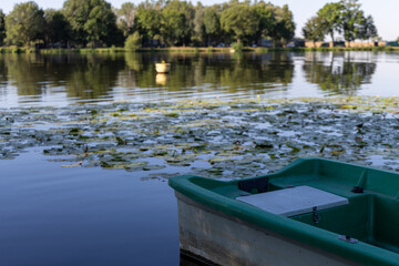 Naklejka premium Small green motorboat moored on calm river with lily pads and trees on bank, czech republic nature, boating leisure