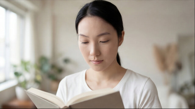 Studious young Asian woman reading a book with focused and intellectual expression