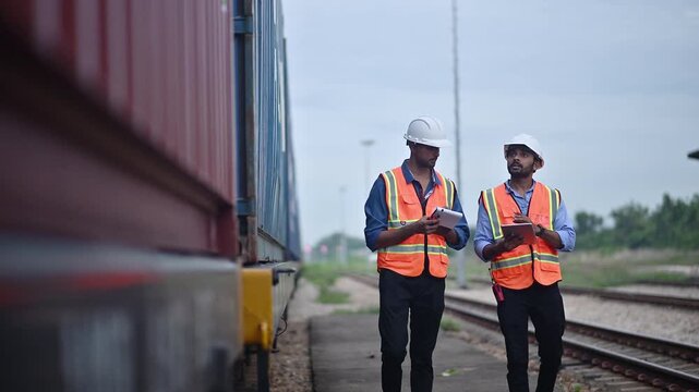 Portrait engineer under inspection and checking construction process railway switch and checking work on railroad station .Engineer wearing safety uniform and safety helmet in work.	