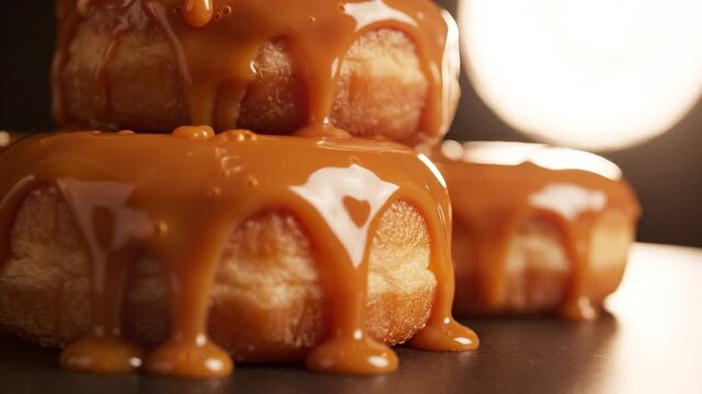 Freshly baked caramel glazed donuts with thick drizzle on dark surface