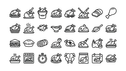 Fototapeta premium Thanksgiving dinner icons, turkey food illustrations, cooking symbols