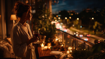 Naklejka premium Woman holding a glass of red wine while standing on a balcony at night overlooking a city with lights and traffic below