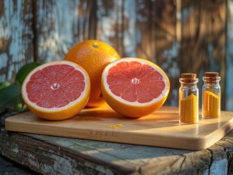 Sun-kissed grapefruit halves displayed on wooden cutting board - high fidelity v2-6x