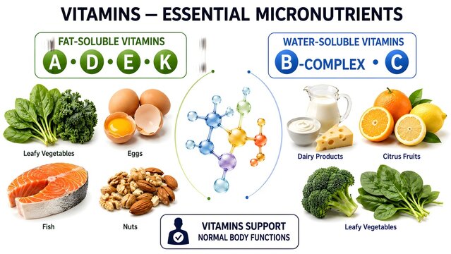 Vitamins Essential Micronutrients Fat Soluble and Water Soluble Biology Infographic