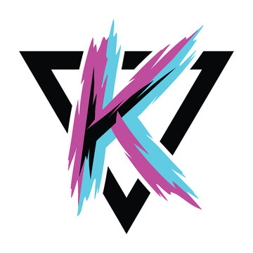 Colorful abstract symbol logo with pink blue brush strokes and black triangles