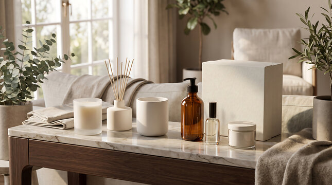 Set of luxury home spa products with candles and reed diffusers on a marble table in a bright room transparent background