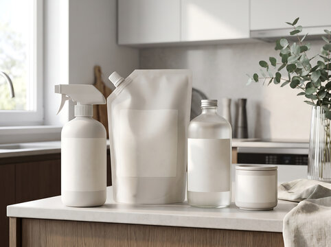 Set of blank white cleaning product containers and bottles placed on a kitchen countertop for packaging design mockup transparent background