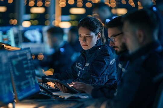 Focused security operators monitoring digital screens and data feeds in a control room setting