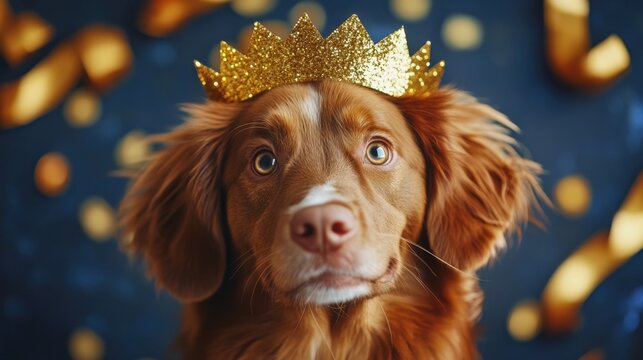 Cute Dog Wearing A Sparkling Gold Party Crown