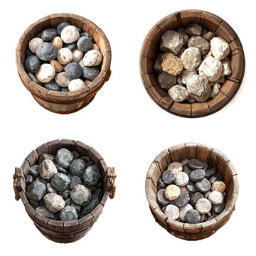 Four wooden buckets filled with assorted colored rocks