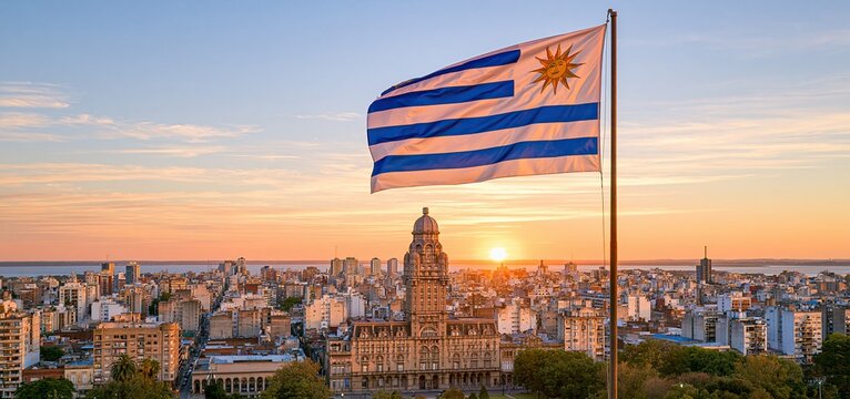 In Montevideo, Uruguay, a lively flag waves over historic buildings bathed in warm golden hour light.