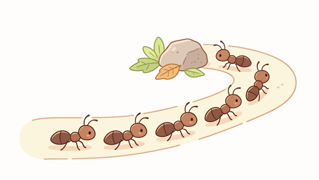 Cute cartoon ants marching in a line on a sandy path near rocks and leaves, vector illustration style