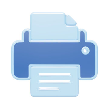 A 3D rendered icon of an office printer, featuring a blue color palette with light blue edges, isolated on a white background, for document printing isolated on a transparent background