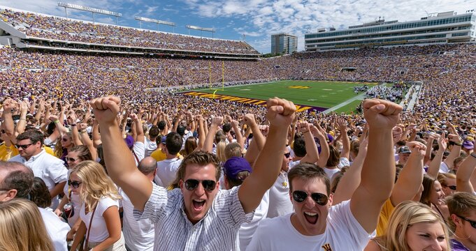Cheering crowd fills a colorful college football stadium, radiating energy and school pride on game day.