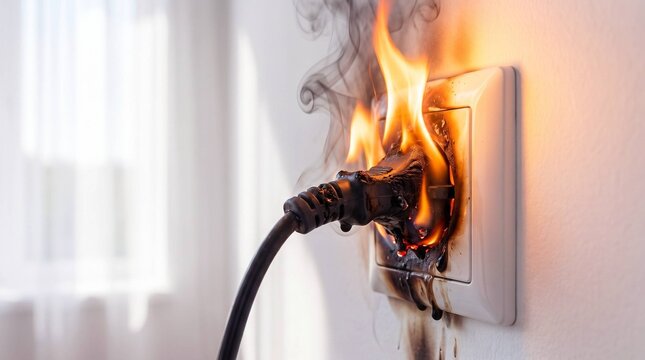 Burnt electrical plug catching fire in wall socket illustrating home fire hazard and faulty wiring danger