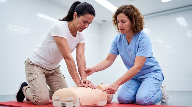 Two women practicing CPR chest compressions on training manikin during first aid certification class