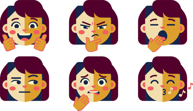 Flat Geometric Women Character Emoji Avatar Set with Diverse Facial Expressions and Hand Gestures for Digital Stickers Corporate Communications App Graphic Designs