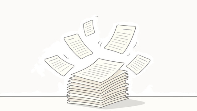 Minimalist line art of a stack of papers with documents flying upward, symbolizing chaos or work overload in
