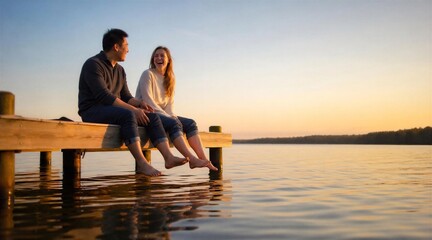Fototapeta premium Happy Couple Laughing Together on Lake Dock at Sunset