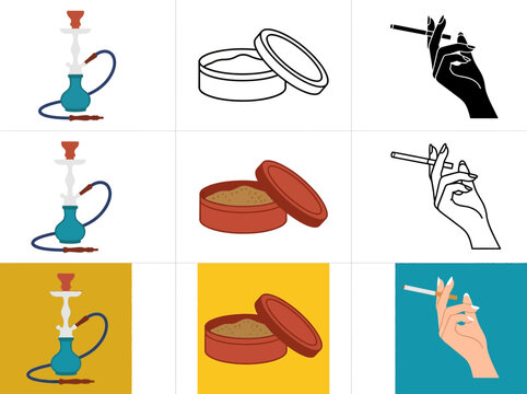 Smoking and Tobacco Accessory Icon Set with Hookah, Snuff Tin, and Cigarette Illustrations