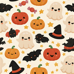 Fototapeta premium Fun Halloween friends seamless pattern with adorable pumpkin, ghost, bat, witch hat, candy, and star shapes in cheerful style