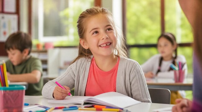 Happy Girl Looking Up at Teacher in Elementary Classroom