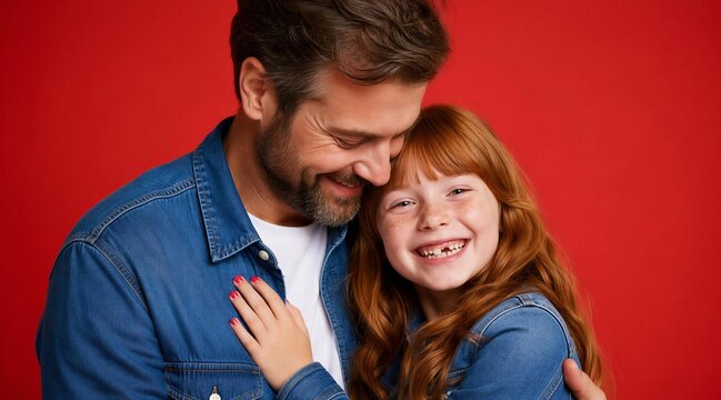 Father and Daughter Hugging and Laughing on Red Background
