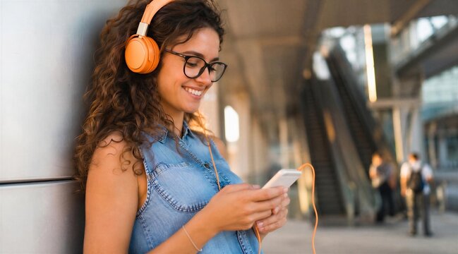 Young Woman with Headphones Listening Music on Smartphone