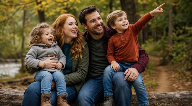 Happy Family Laughing Together on Log in Autumn Forest