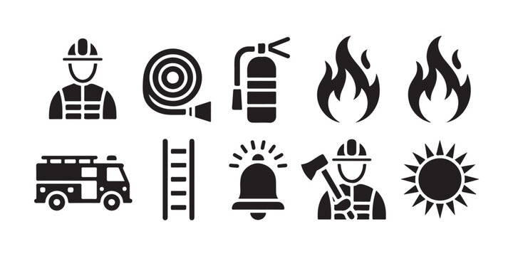 Comprehensive firefighting equipment icons featuring trucks hose and emergency safety gear for public service.