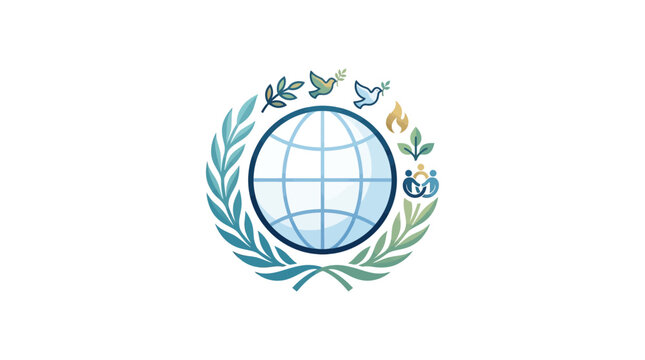 Geometric globe grid icon with dove and laurel.