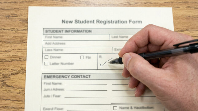 Hand Filling Out New Student Registration Form