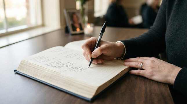 Person signing funeral guest book at memorial service