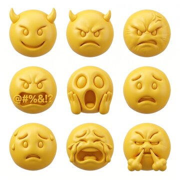 Set of Emoji Faces Expressing Various Emotions: A collection of nine yellow emoji faces, each displaying a distinct emotion ranging from mischievous glee and anger to fear, sadness, and rage.