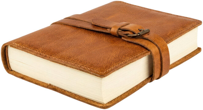 Brown leather bound journal with strap closure.