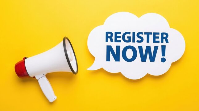 Megaphone with speech bubble saying register now