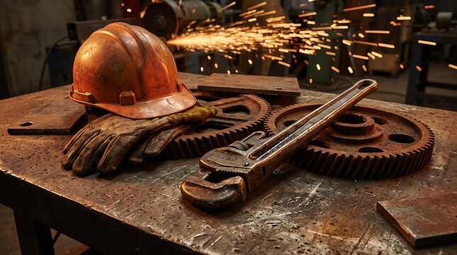 Industrial workshop workbench with tools and safety gear.