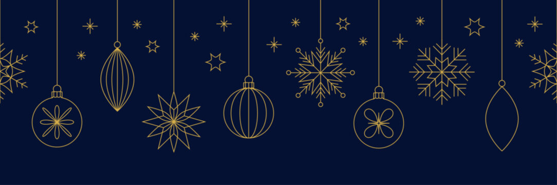 Vector christmas decorative  border or seamless pattern with gold line art snowflakes, stars and ornaments on dark blue background