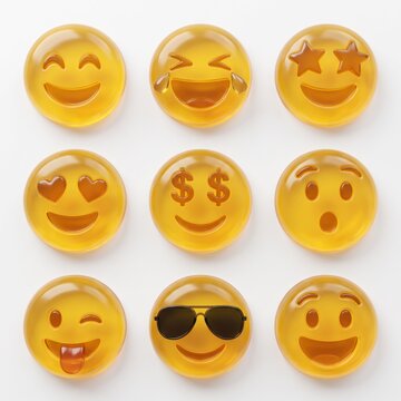 Assorted Emoji Candies: A collection of nine round, translucent candies, each imprinted with a different expressive emoji face, offering a playful assortment of emotions and reactions.
