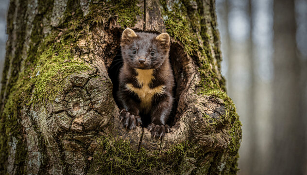 Pine Marten Emerging from Tree Cavity